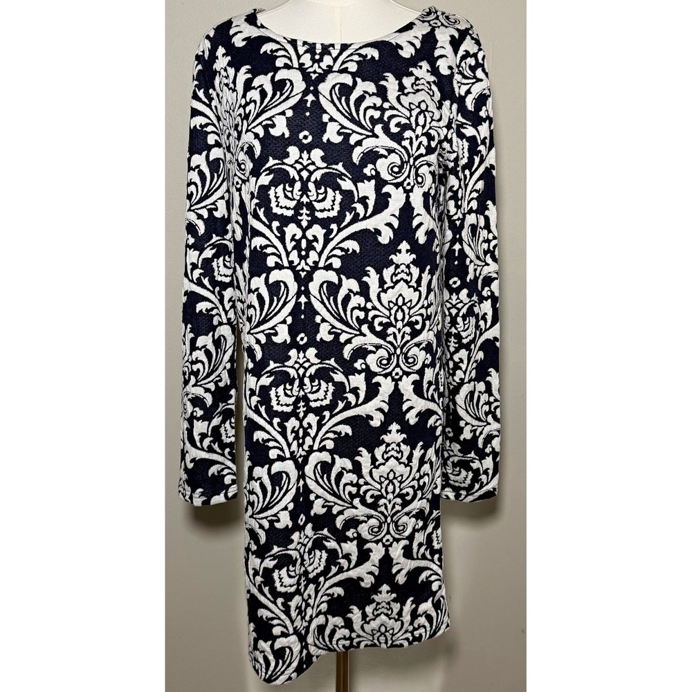 Ivy Beau Women's Navy White Damask Knit Long Sleeve Shift Dress 6 Stretch NWT